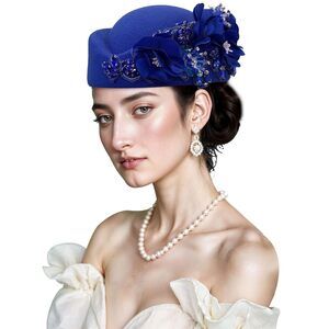 4893 British Retro Felt Hat Women Rhinestone Floral Church Derby Hat Classic